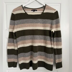 100% Cashmere Striped Sweater in Olive, Gray, and Cream (M)